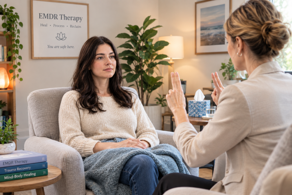 A therapist gently guiding a comfortably seated client through an EMDR therapy session in a calm, professional office, emphasizing trust, emotional safety, and trauma-informed care in a warm, neutral setting.