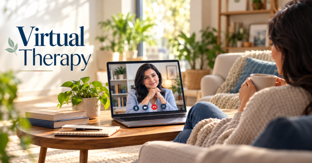 A comforting virtual therapy session in a sunlit living room showing a client on a sofa talking to an online counselor on a laptop, with the text 'Virtual Therapy'.
