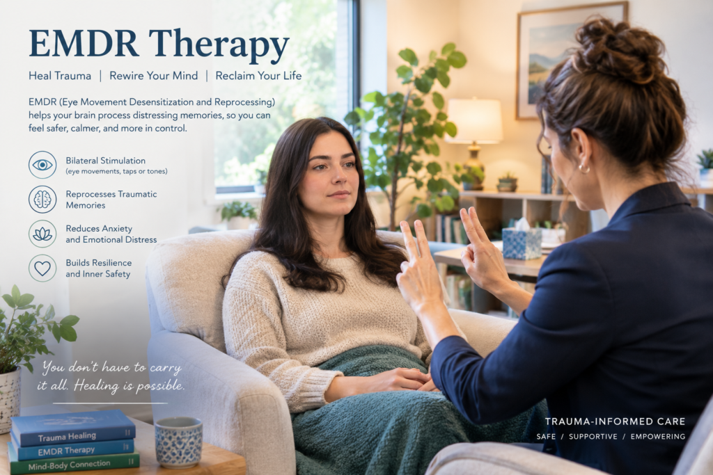 A trauma-informed therapist gently guides a seated client through EMDR bilateral stimulation using hand movements in a calm, warmly lit therapy office, creating a safe and supportive environment.