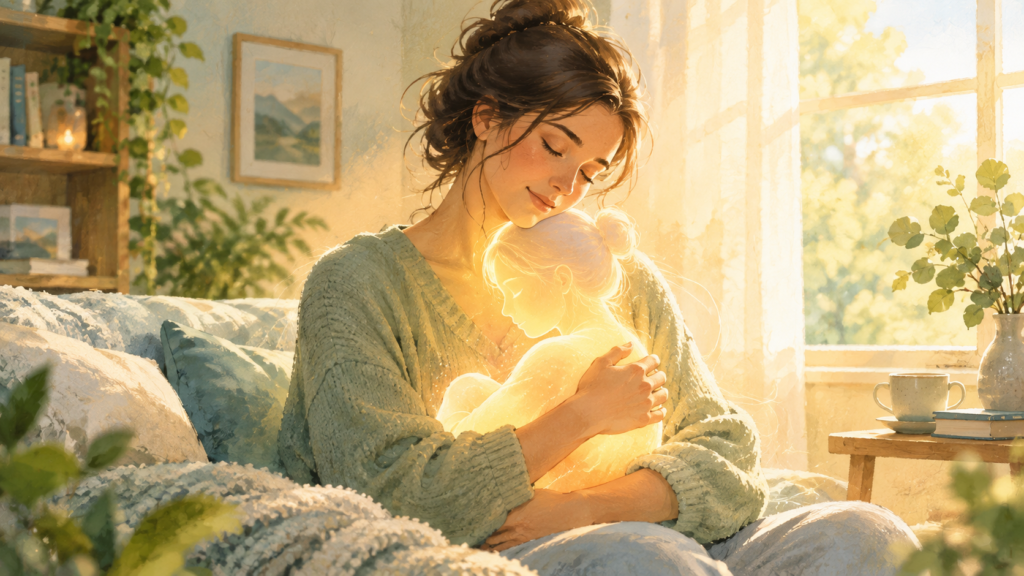 Person gently embracing a glowing smaller version of themselves in a warm, sunlit room, symbolizing self-compassion, inner healing, and emotional comfort.