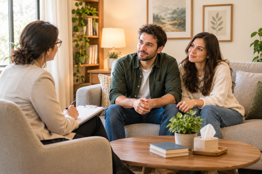 A couple sitting on a cozy sofa in a sunlit, inviting therapy office, speaking with a compassionate therapist who is actively listening.