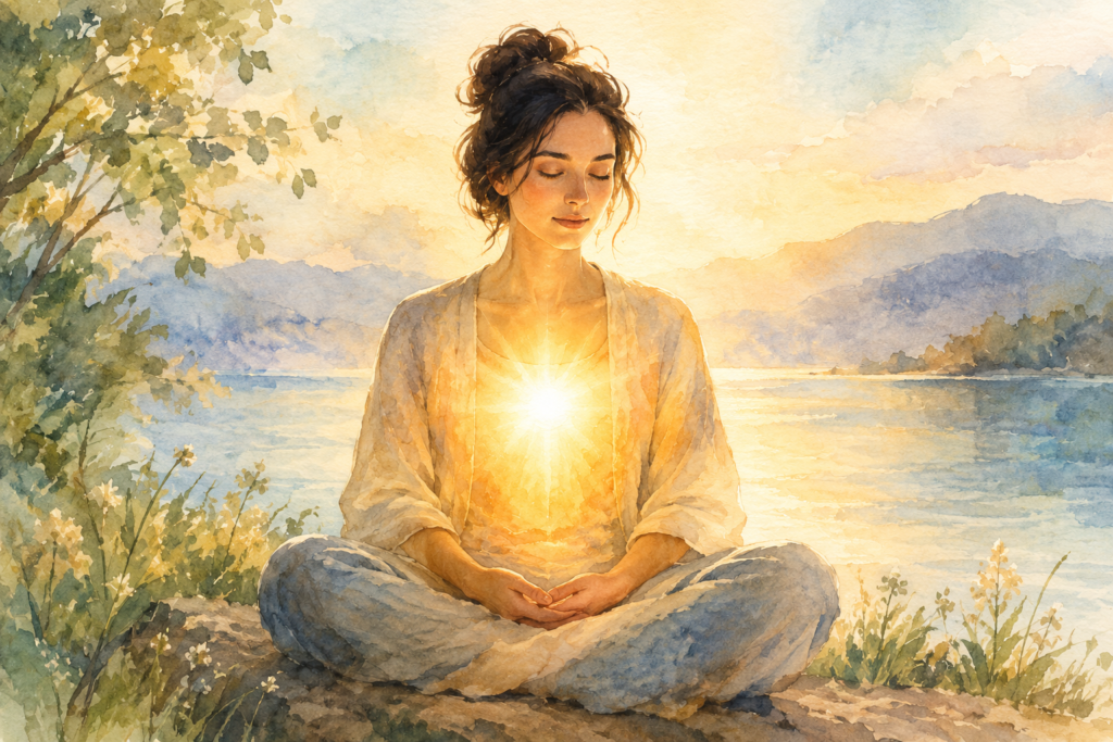Person standing peacefully at the center, surrounded by colorful glowing silhouettes symbolizing different emotions and inner voices.