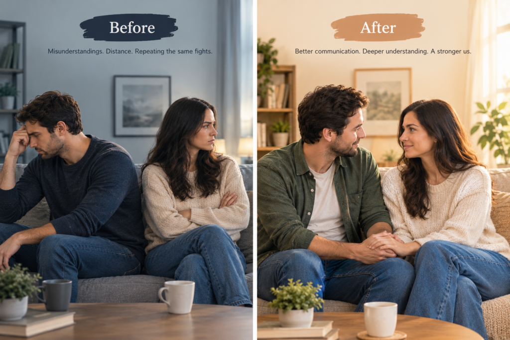 A couple sitting slightly apart in a softly lit room, looking away from each other with thoughtful expressions showing emotional distance.