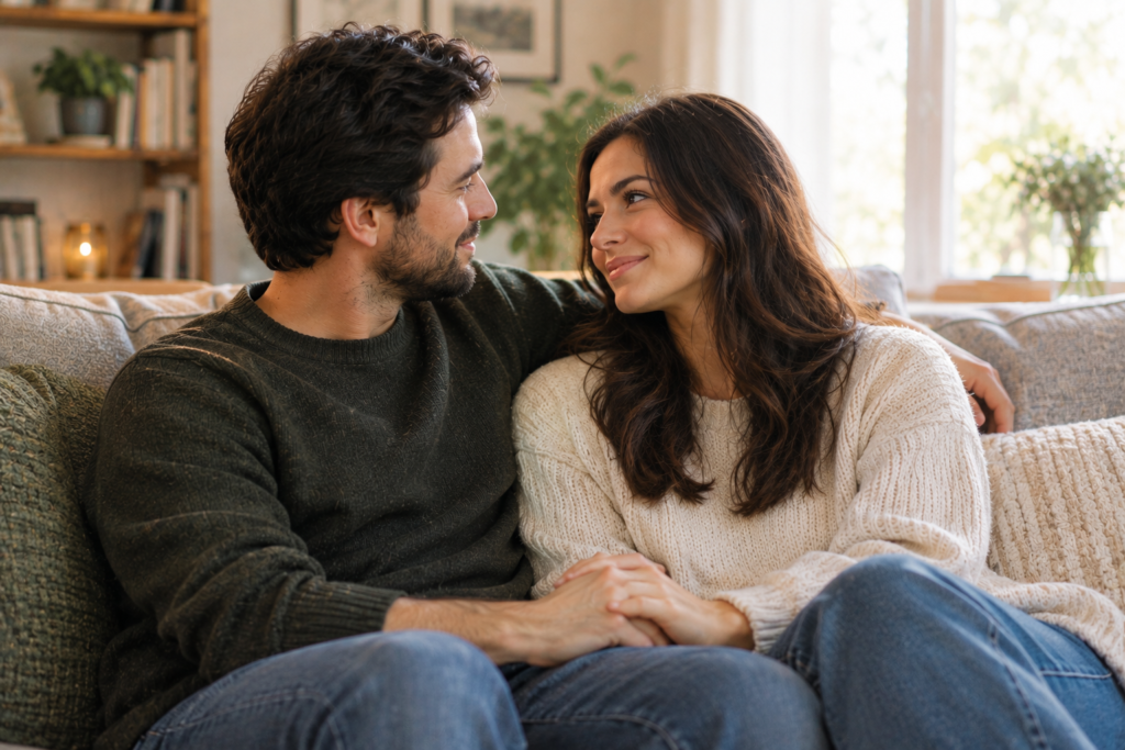 A warmly lit photo of a couple sitting close on a comfortable couch, looking at each other with empathetic and hopeful expressions.