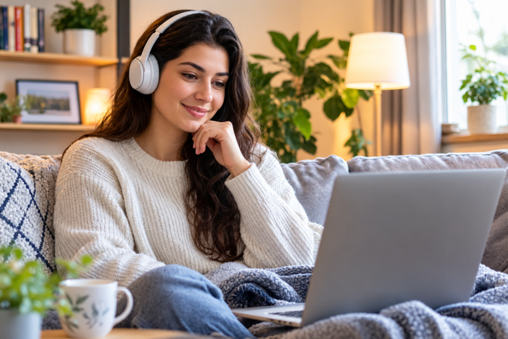 A smiling young woman wearing headphones while participating in a secure online counseling session on her laptop from the comfort of her couch.