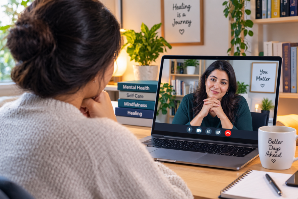 A compassionate bilingual virtual therapist on a computer monitor, leaning forward and actively listening during a telehealth mental health session.