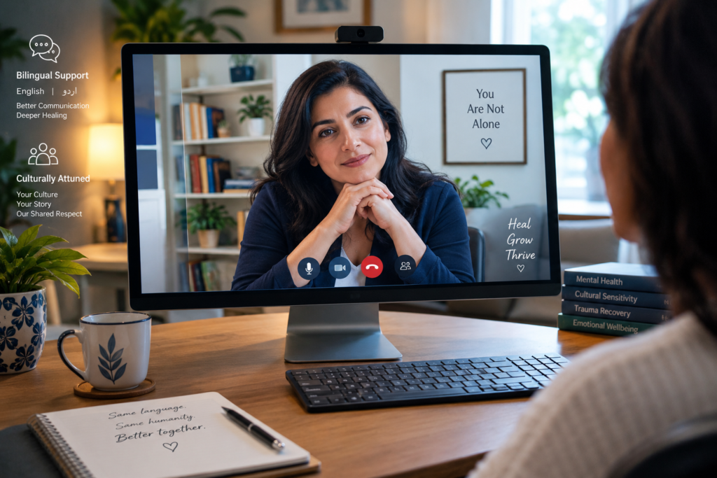 A split-screen view demonstrating telehealth, connecting a relaxed client at home with a licensed mental health therapist in a welcoming office.