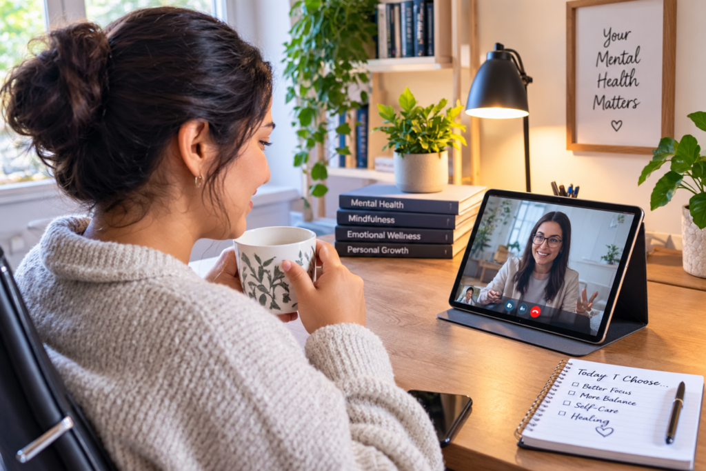 A professional taking a mental health break at their home desk, holding a warm mug of tea while engaged in a telehealth therapy session on a tablet.