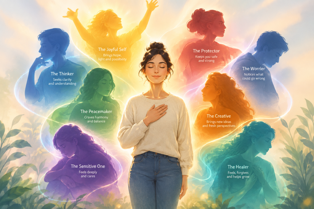 Person standing calmly at the center, surrounded by softly glowing colorful silhouettes representing different emotions and inner voices, peacefully coexisting in a warm, inviting atmosphere.